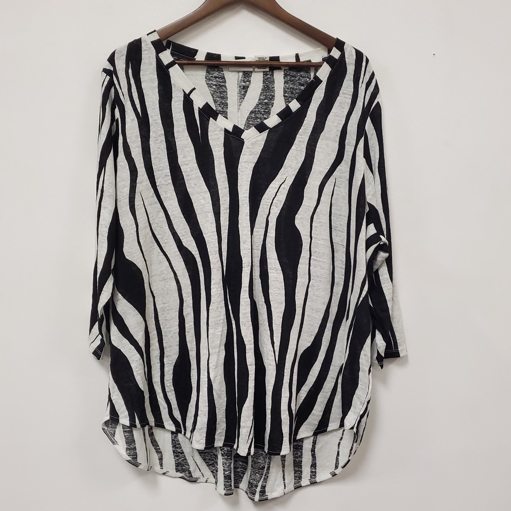 Rachel Zoe Womens 3/4 Sleeve Linen‎ V Neck Top Size 2X Black White Zebra Edgy